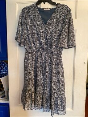 Navy Blue and Cream Kirundo Floral Wrap-Style Midi Dress with Flutter Sleeves